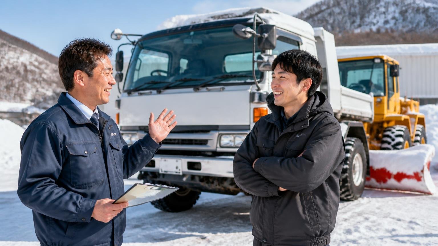 4WD・寒冷地仕様・除雪車は「強み」にもなる 雪のヤードで4WDトラックを前に話す査定士と若いドライバーの男性2人 明るい笑顔
