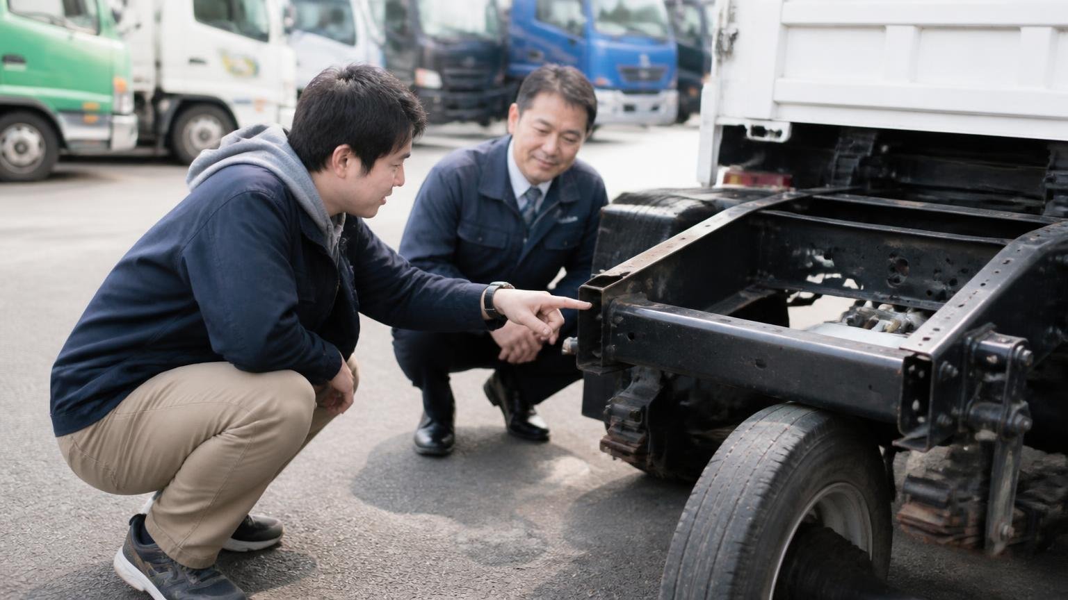 サビは「程度しだい」、買う側もシャーシを見ている 中古トラック展示場でしゃがんでフレームを指さす買い手の男性と、うなずく販売員