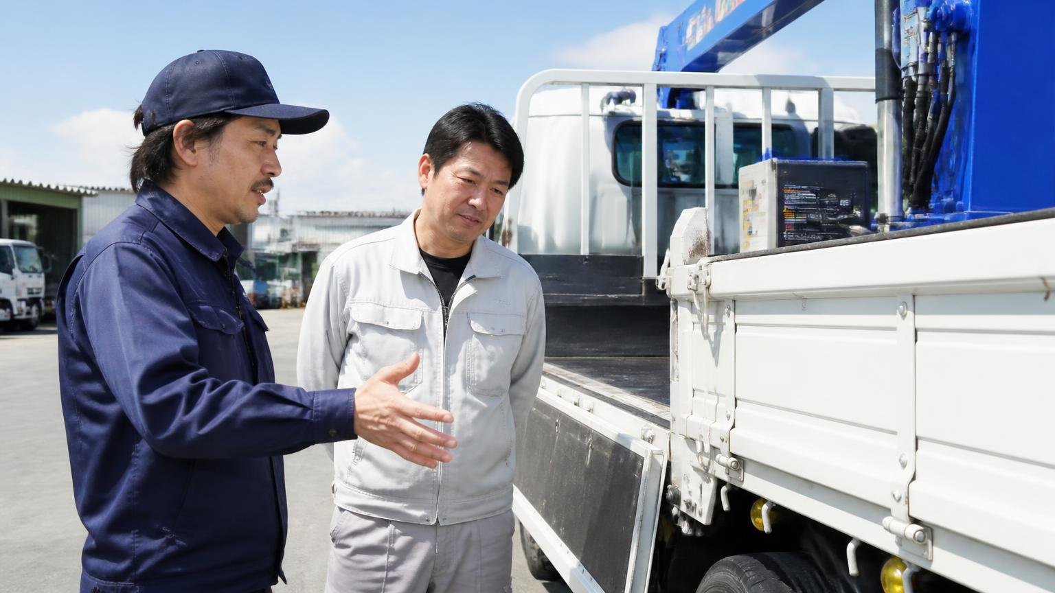 自分のトラックの架装・状態を得意としているか 屋外でクレーン付きトラックの荷台まわりを確認しながら説明を聞いてうなずく2人
