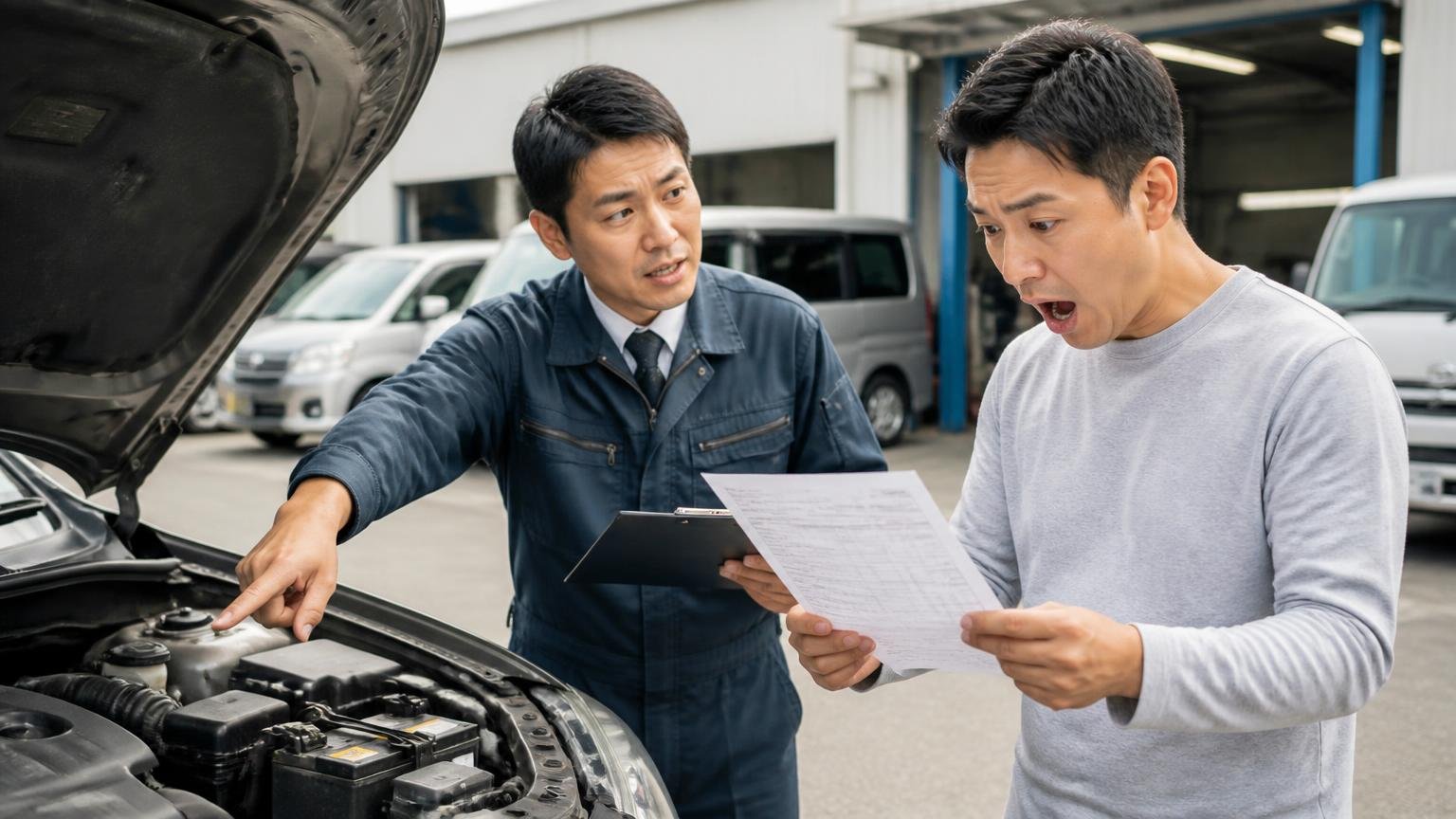 電話・LINEの概算と実車査定の金額は違うことがある｜営業所の車庫でエンジンルームを指さす査定員と、見積書を手に驚いた表情の男性ドライバー