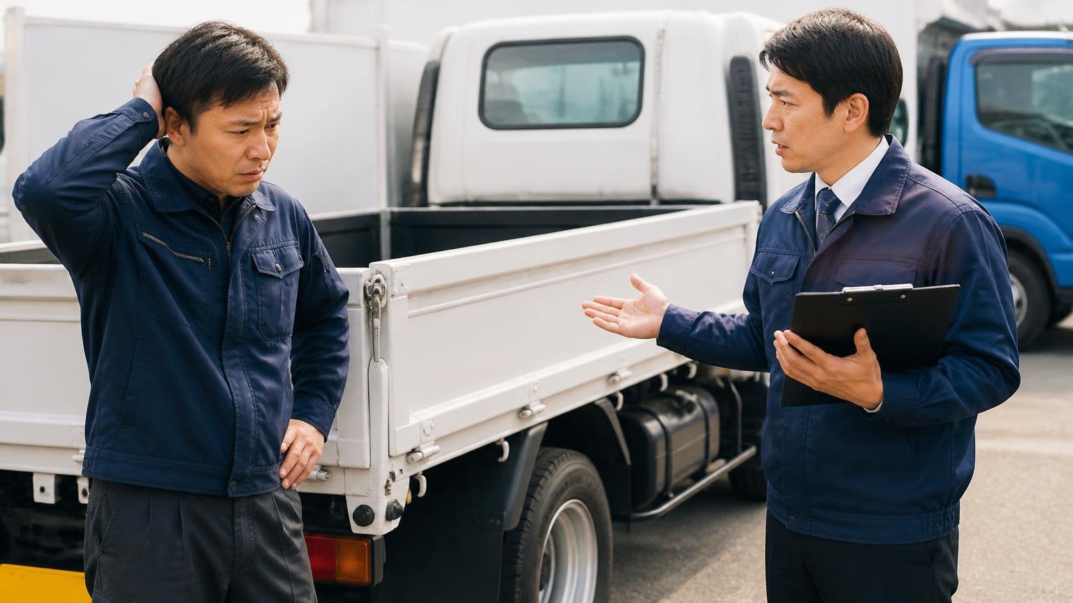 電話やネットの概算から当日下がるのを防ぐ5つの確認 トラックの荷台まわりで査定士の説明に戸惑うドライバーと査定士の2人