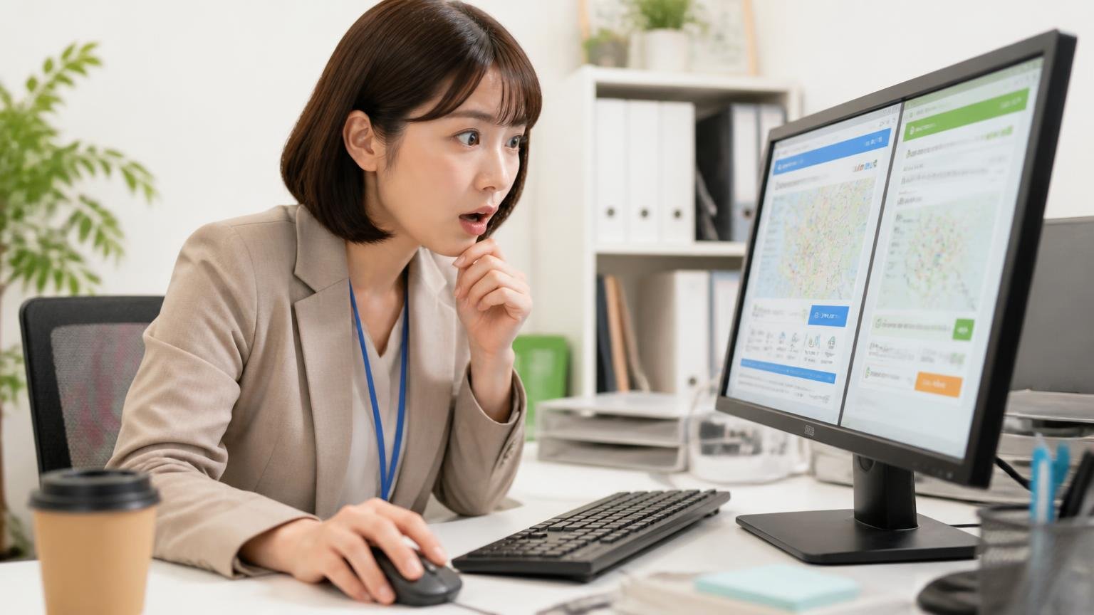 対応エリアと出張・査定の費用を公式サイトで確かめる|事務所のパソコンで業者のサイトを見比べる30代女性の事務担当