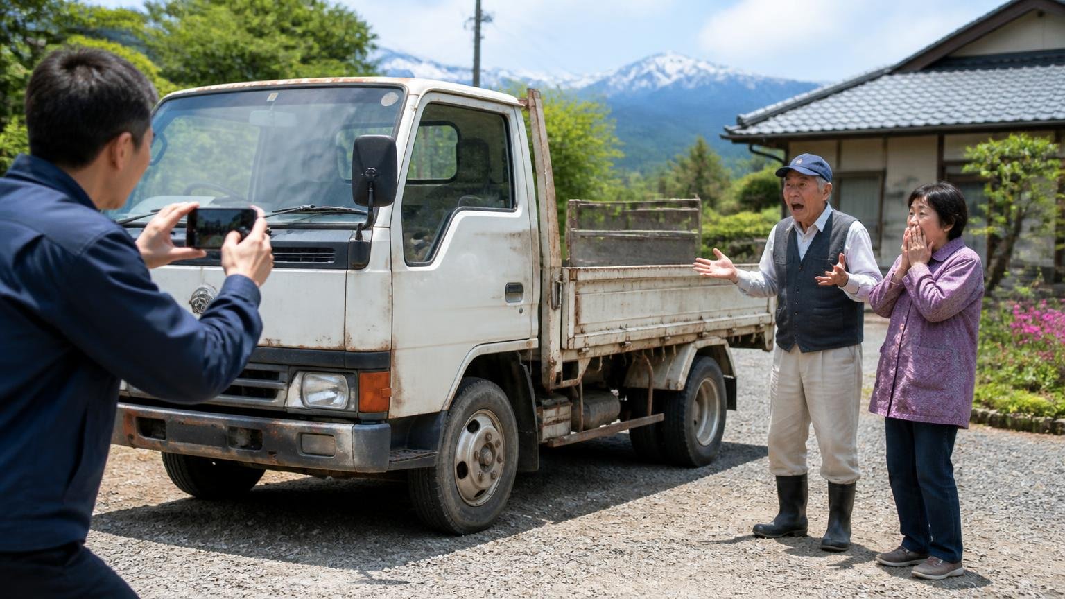 全国対応の買取業者が向いている人。那須の農家の庭先で古い平ボディトラックを査定員が撮影し驚く高齢の夫婦