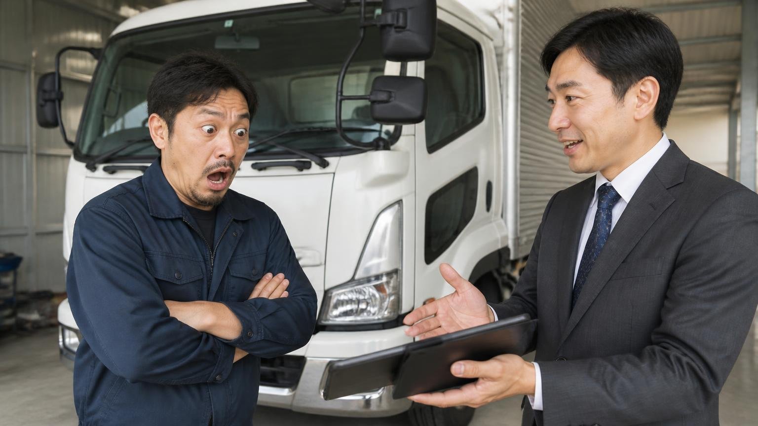 電話やLINEの概算は「現車を見ていない数字」と心得る 車庫の4tトラックの前で査定士の説明に目を丸くする男性ドライバー