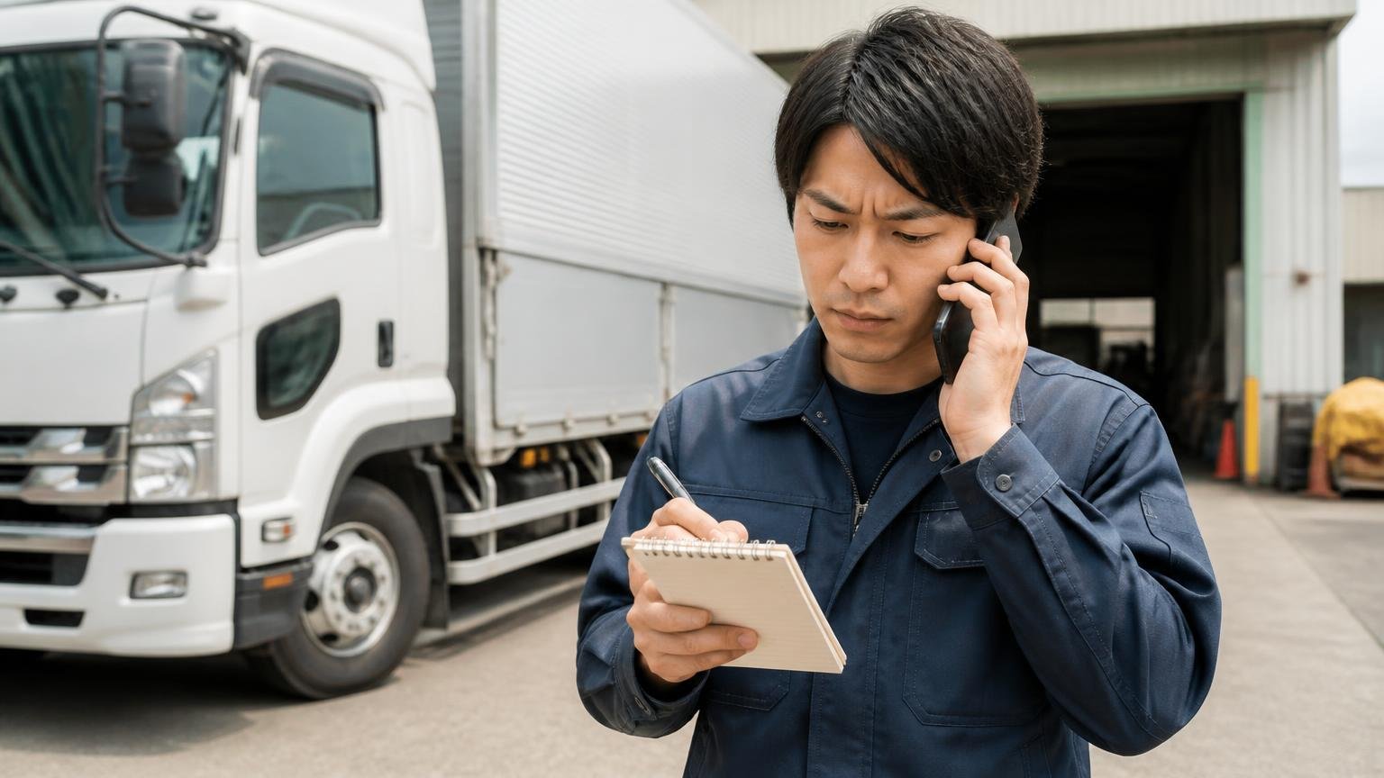 電話やWEBの概算を確定額だと思い込む、車庫の前でスマホを耳に当てながらメモ帳に金額を書き込むトラックドライバーの若い男性1人