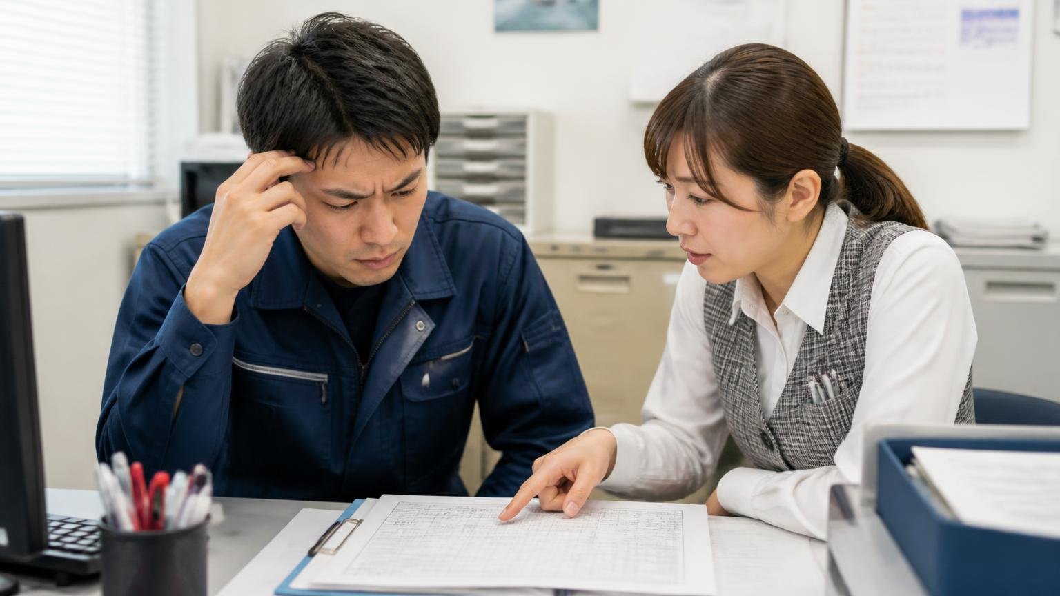 キャンセル料の金額といつからを確認 トラック営業所の事務机で契約書を読み返し眉をひそめる若いドライバーと隣で指摘する女性事務員の2人