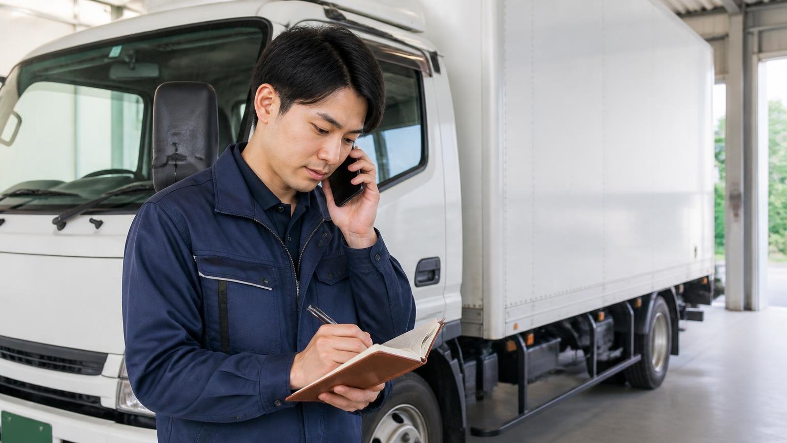 電話の概算は減額の条件を先に聞く、車庫に停めた2tトラックの横でスマホで電話しながら手帳にメモを取る若いドライバー