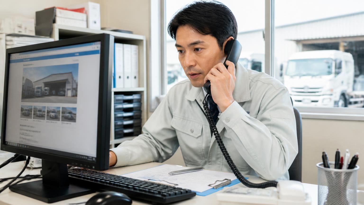 口コミが見つからない地元業者は「公開情報」と「最初の電話」で見極める|トラックが見える事務所で会社案内の画面を見ながら電話する作業着の男性1人