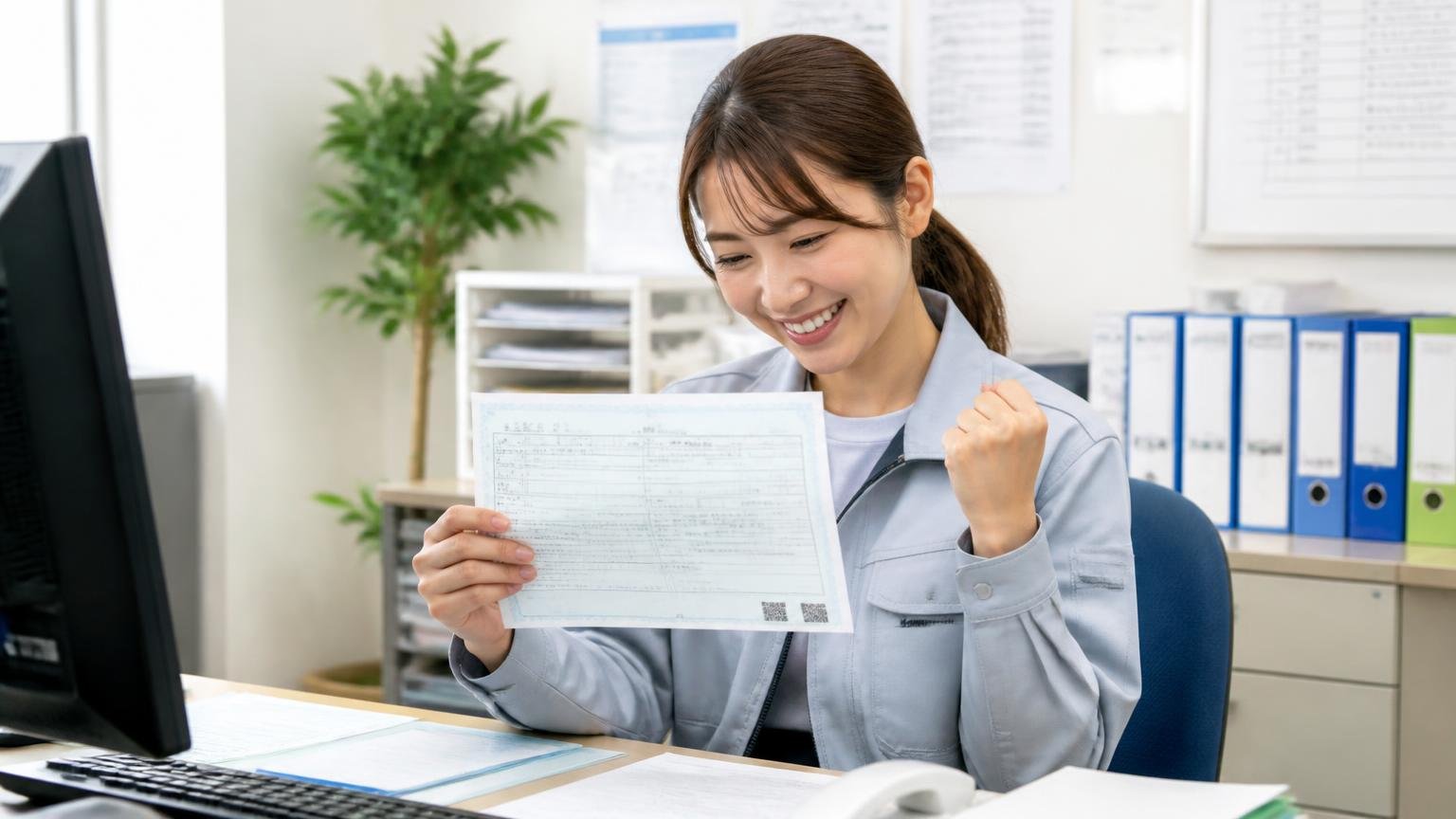 名義変更は15日以内。完了したら車検証のコピーをもらう 運送会社の事務所でトラックの車検証のコピーを受け取りほっとする女性事務員