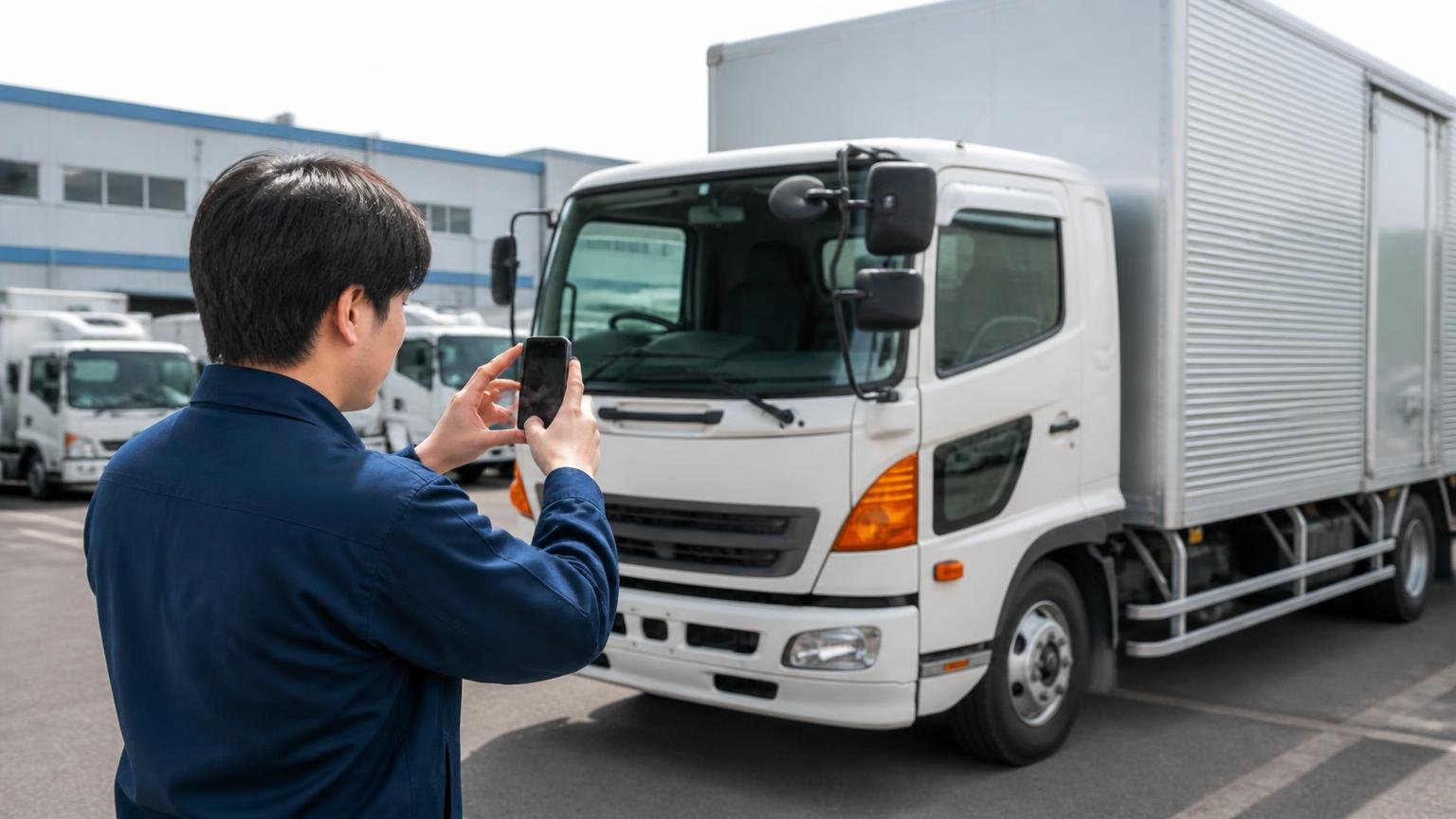 まずは写真と車検証で概算をとり、実車査定は2〜3社を近い日程で 営業所の駐車場でスマホを構えトラックの左前を撮影する若い男性ドライバー