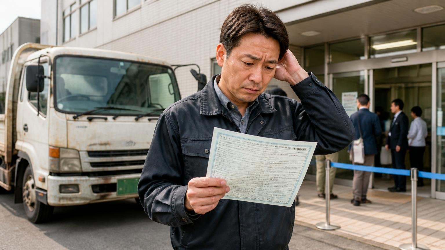 基準に合わないトラックは対策地域で登録や名義変更ができない 運輸支局の窓口の前で古いディーゼルトラックの車検証を手に困り顔のドライバー