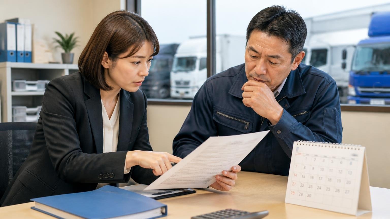 入金方法と入金日を契約前に確認する(運送会社の事務所でトラック売却の契約書とカレンダーを見比べる30代女性と50代男性の2人)