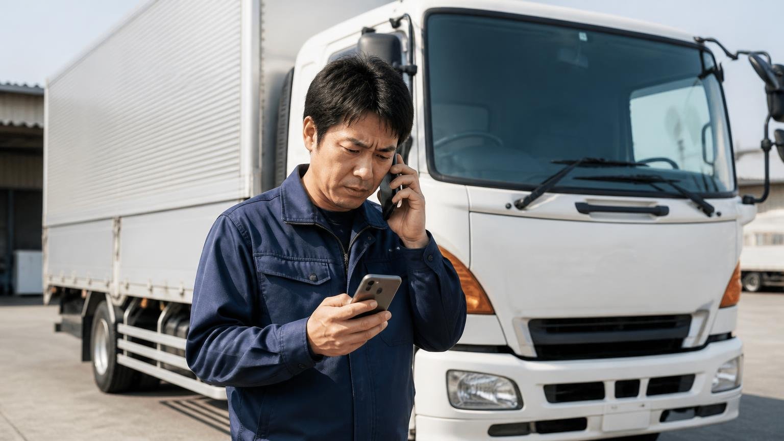 滋賀県対応でも担当は県外の支店|車庫に停めた4tトラックの横でスマホの地図を見ながら業者に電話する運転手1人