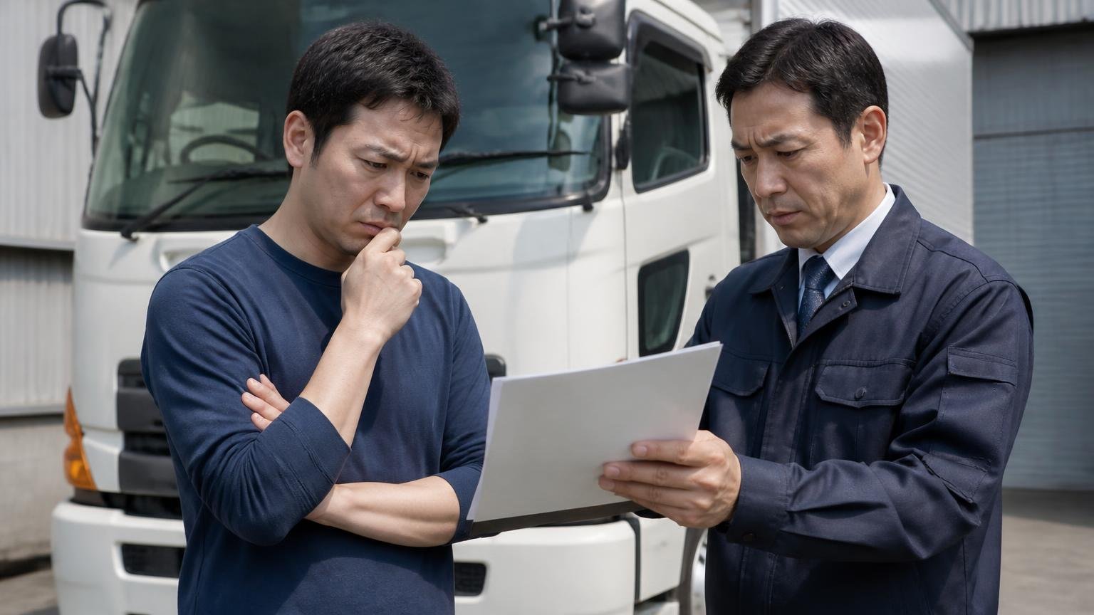 電話の金額と当日の金額の差、減額の条件を書面で確かめる 車庫に停めた4tトラックの前で査定員が差し出した見積書を見て眉をひそめる男性と査定員