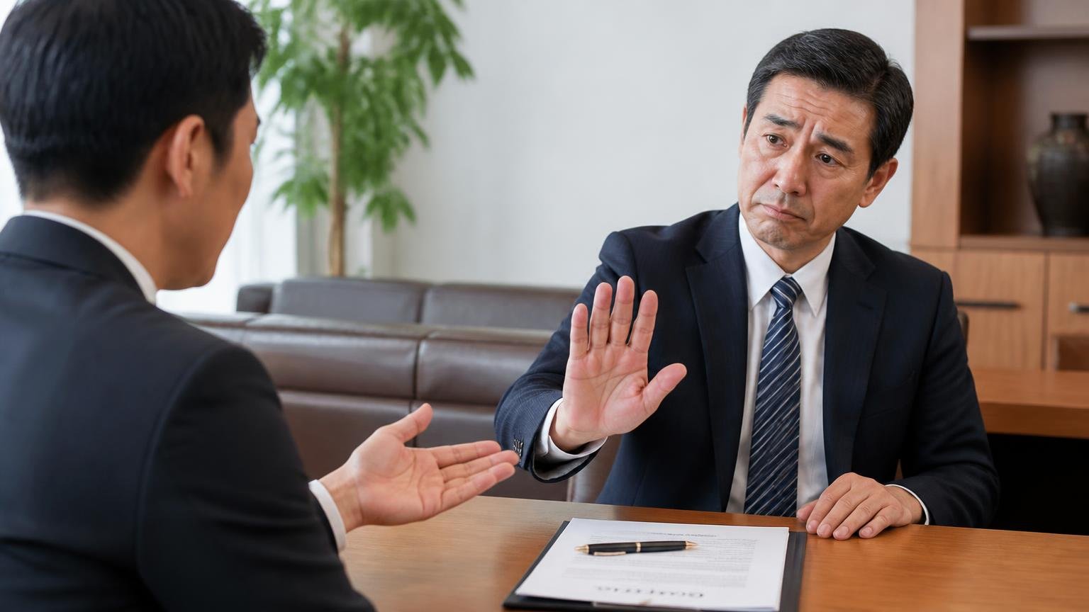 その場で契約しない、事業所の応接スペースで契約書を前にした経営者の男性がペンを置き手のひらを向けて断る