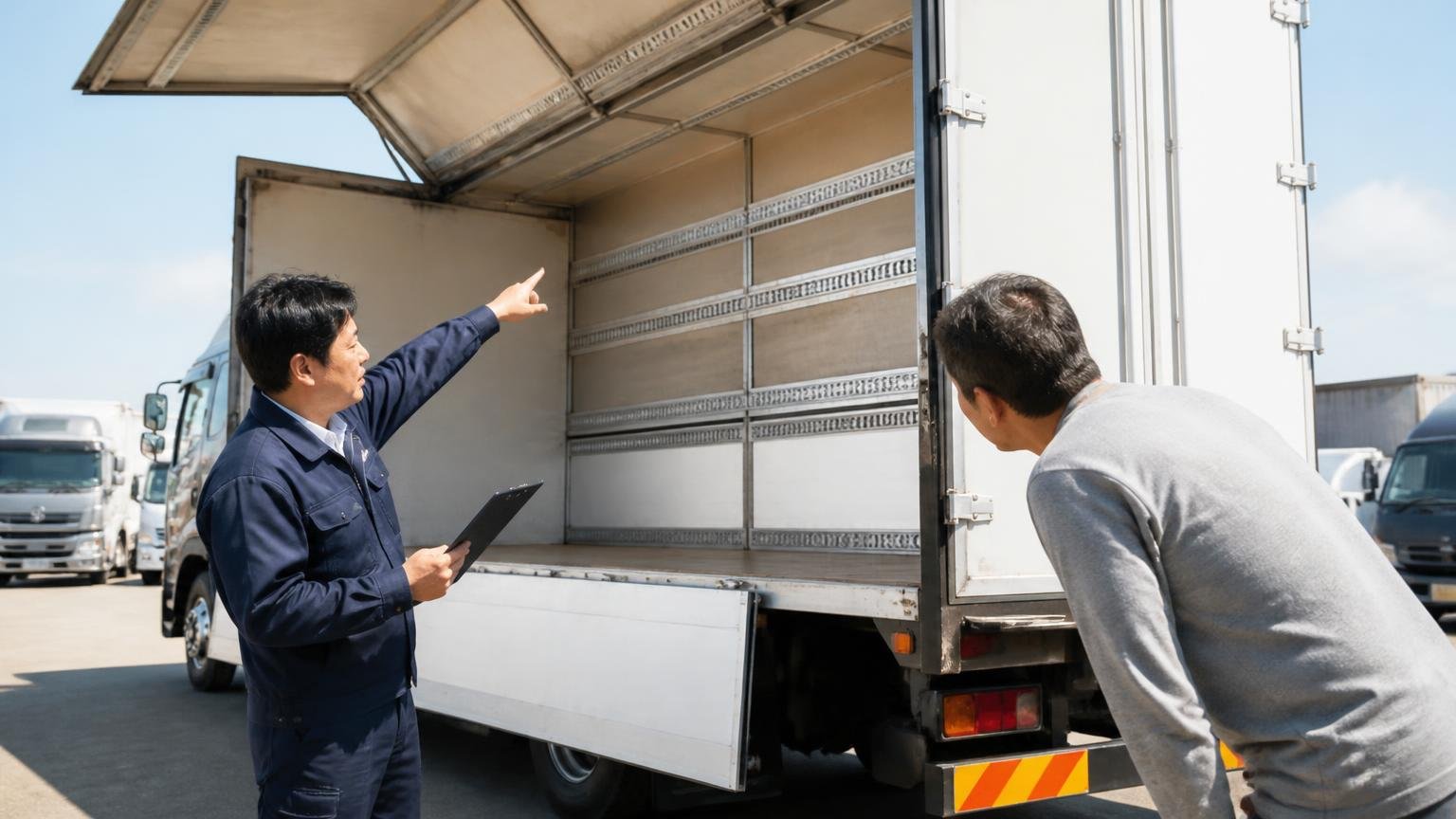 ダンプ・ウイング・冷凍車など架装付きのトラックを売りたい 屋外の車庫で、開いたウイングの荷台を査定員が指さし、持ち主が身を乗り出して聞く場面