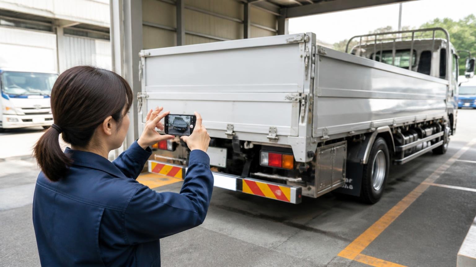 車両情報と写真を1枚にまとめて、全社に同じ条件で伝える、車庫でスマホを構えトラックの荷台を撮影する女性