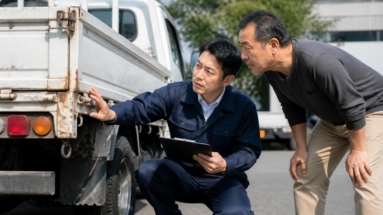 電話で聞いた金額より下がった本当の理由 屋外でトラックの荷台まわりを確認する査定担当と持ち主の2人