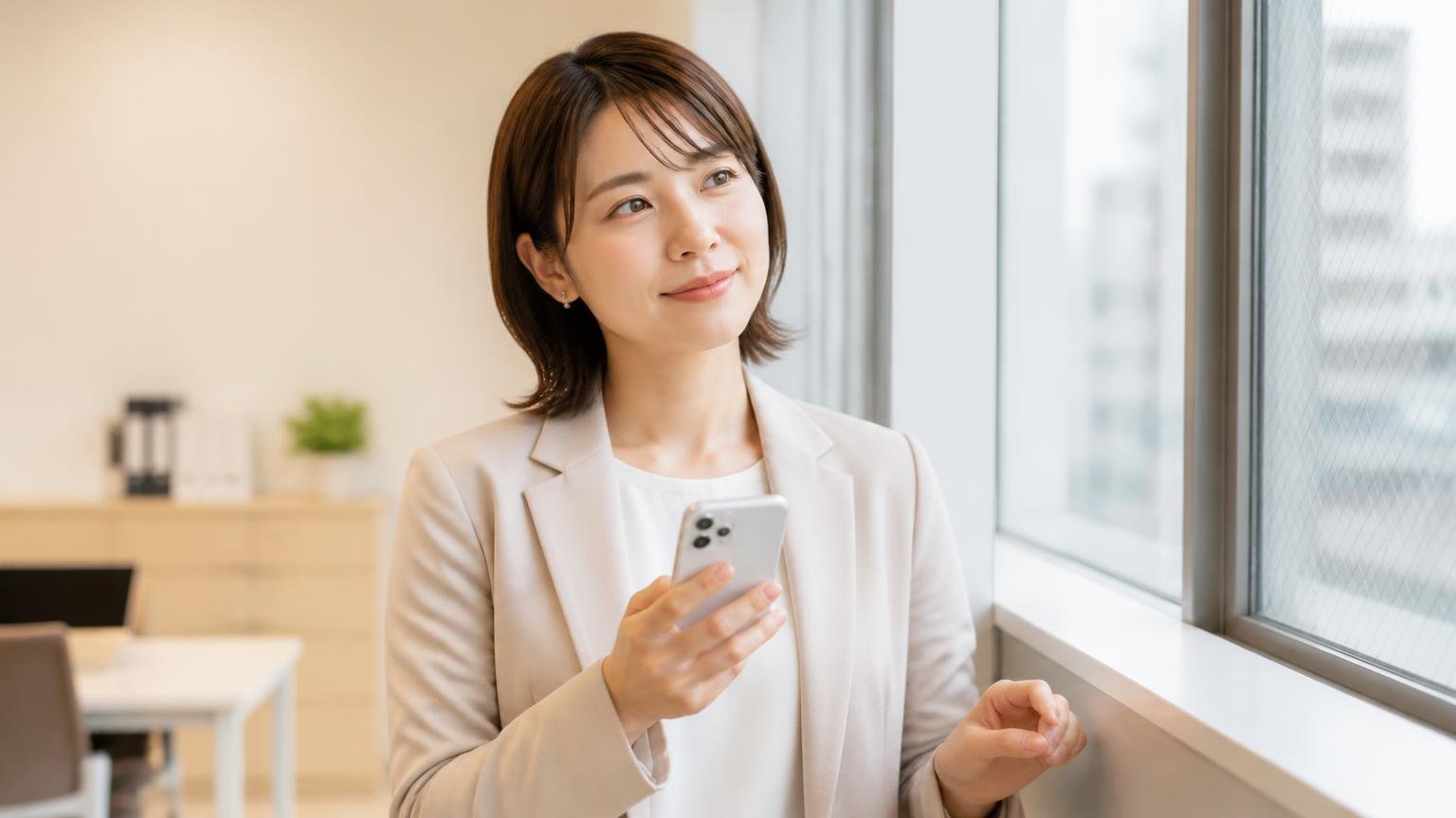 営業電話が不安な人が最初の一言で決めておくこと、スマホを片手に事務所の窓際に立つ、女性1人、少しほっとした表情