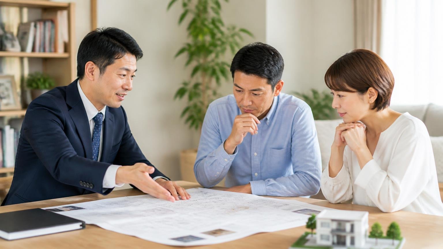 「説明が分かりやすい」は購入者の声 商談スペースで書類を広げて説明する担当者と聞き入る客2人