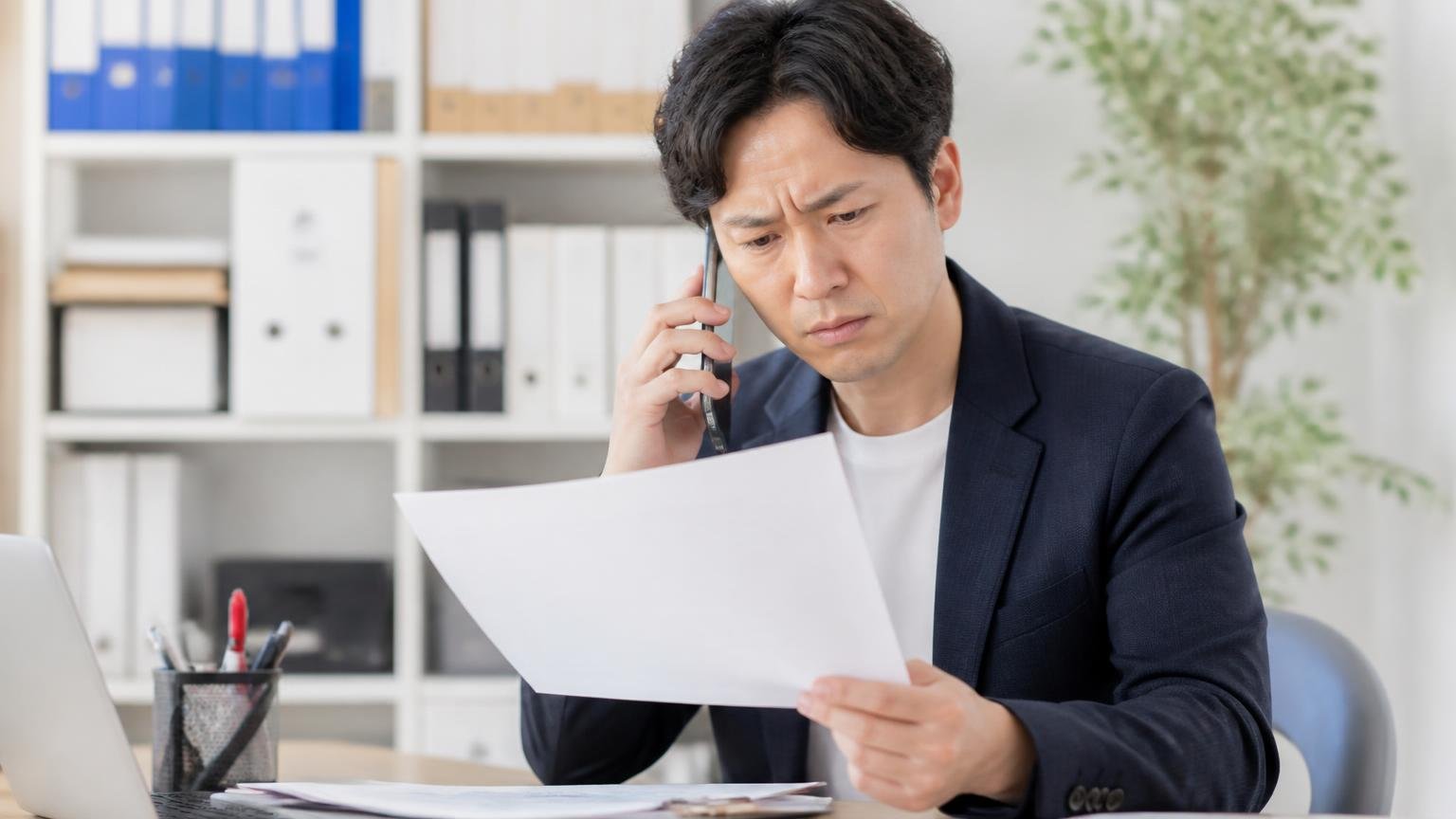 納車の条件が守られなかったという声 事務所でスマホを片手に困った表情で書類を見る男性1人