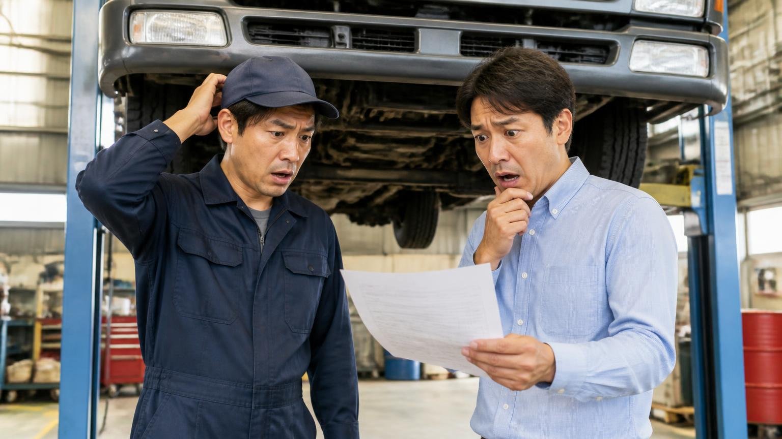 修理の★1から学べるたったひとつの教訓 整備工場のピットでトラックを見上げる場面 整備士と依頼者の男性2人 請求書を手に困惑