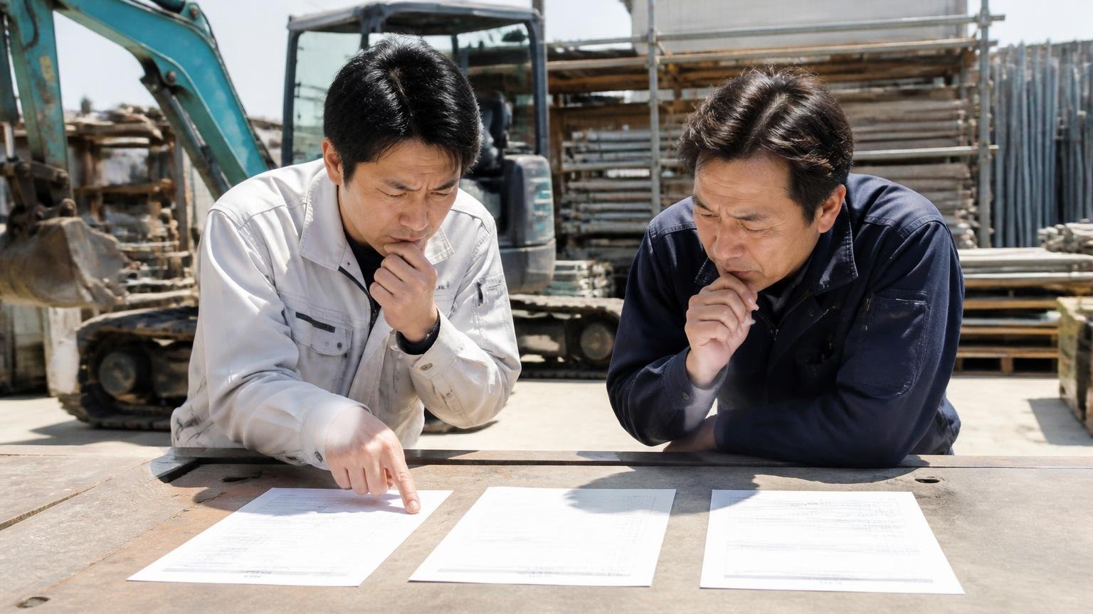 複数社に出して選んだ声。屋外の資材置き場で小型建機の前に見積書を3枚並べ比べる男性2人