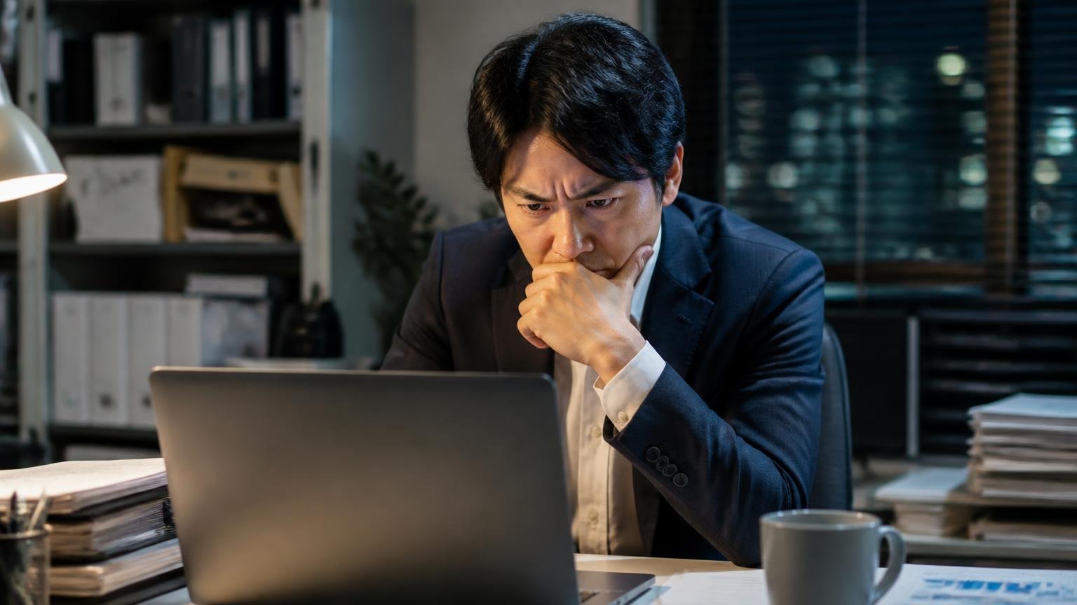 情報が隠されていないか調べる場面。夜の事務所でパソコンの検索結果を険しい表情で確認する男性1人