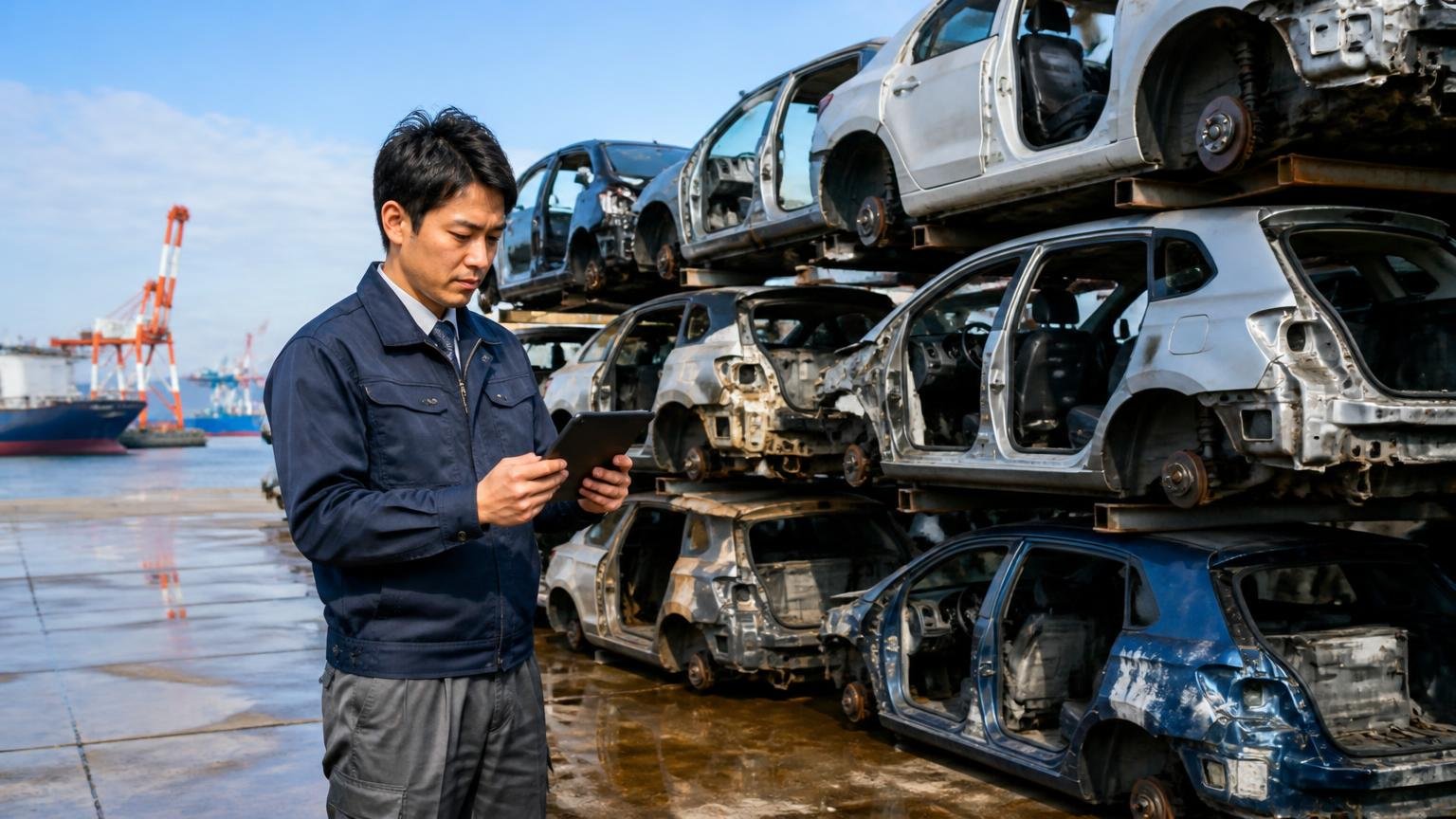 中古部品の需要は伸びている|港のヤードに積まれた解体済み車体を前にタブレットで資料を確認する男性1人