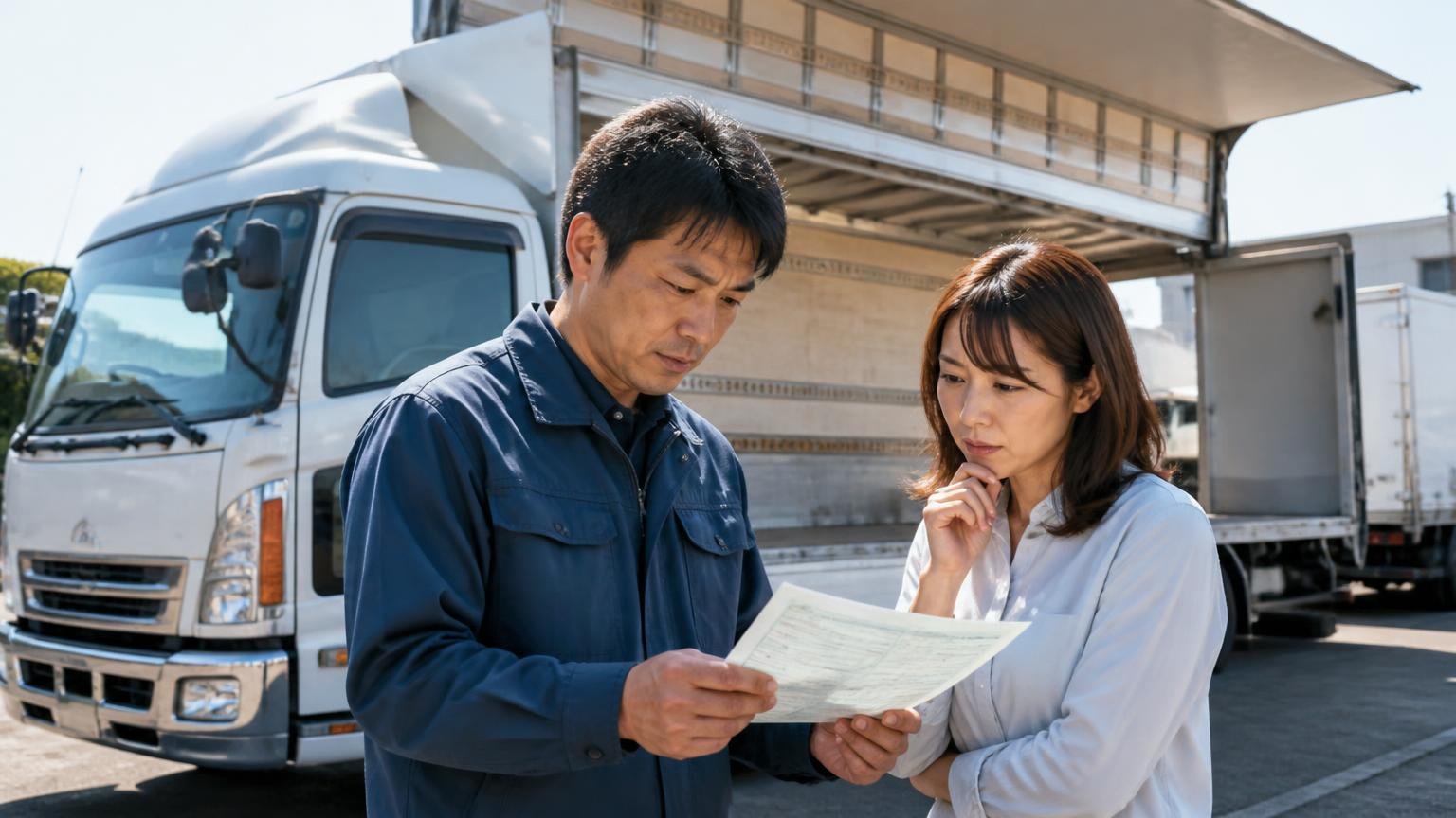 架装を分けて聞く買取フォームの意味、ウイングを開けた4t車の横で車検証を手に確認する男性1人と女性1人