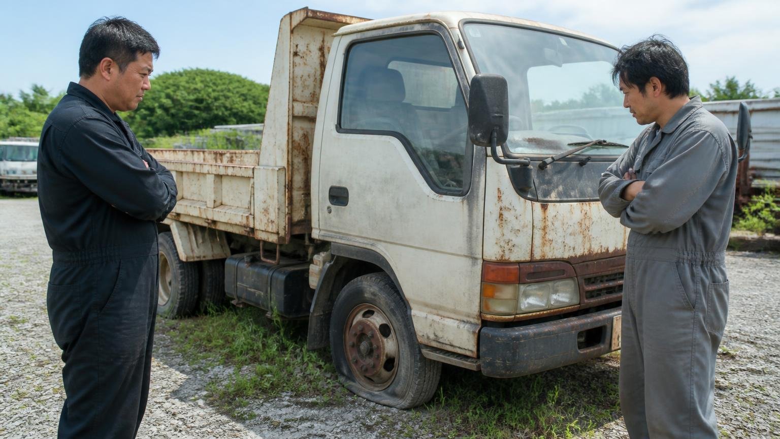どんな状態のトラックまで相談できるのか 屋外の敷地に長年放置されタイヤがパンクした2tダンプの前で腕を組む男性2人
