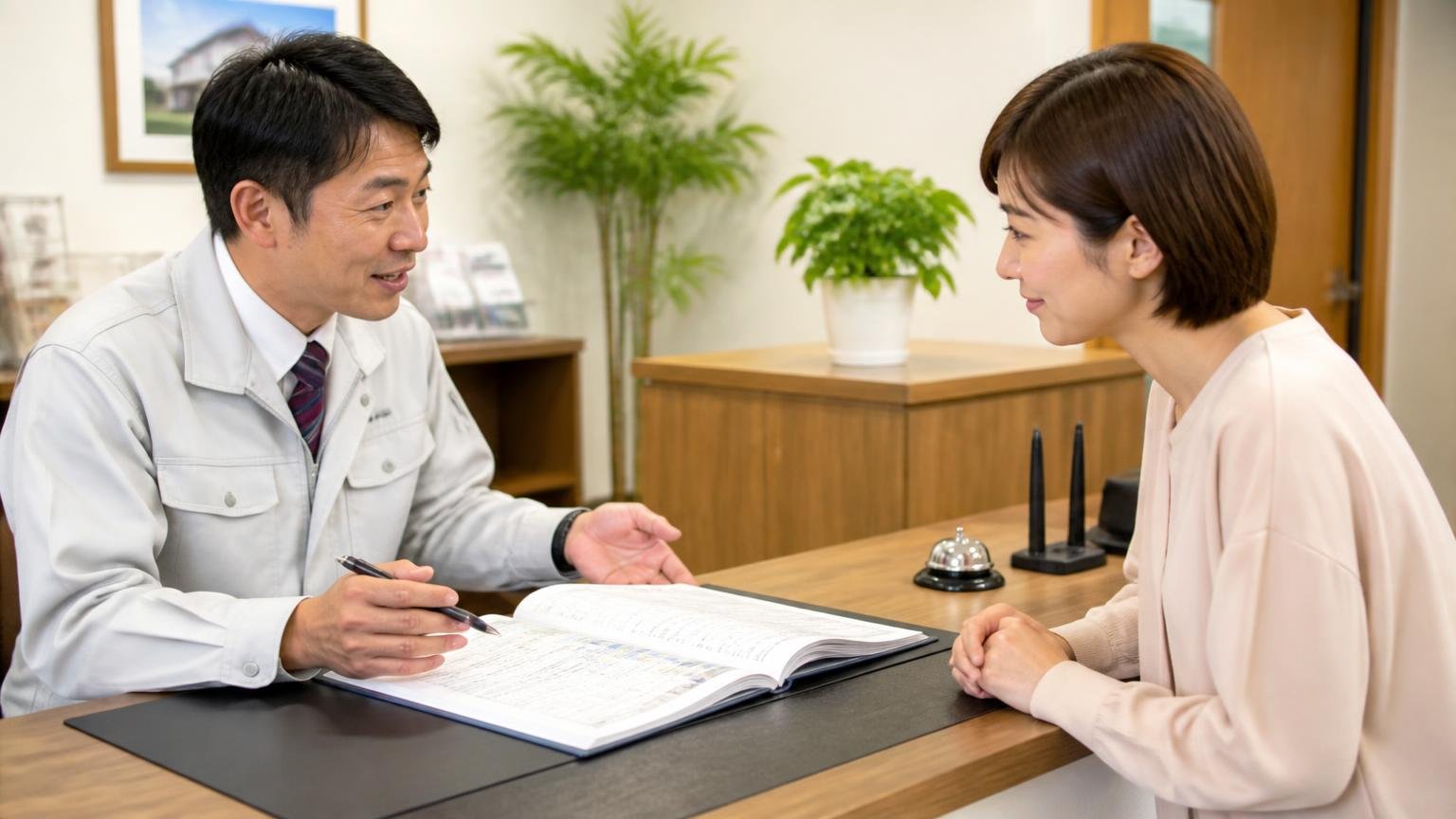 説明が丁寧で困ったときに相談できる 事務所のカウンターで見積書を広げる場面 男女2人 うなずきながら聞く