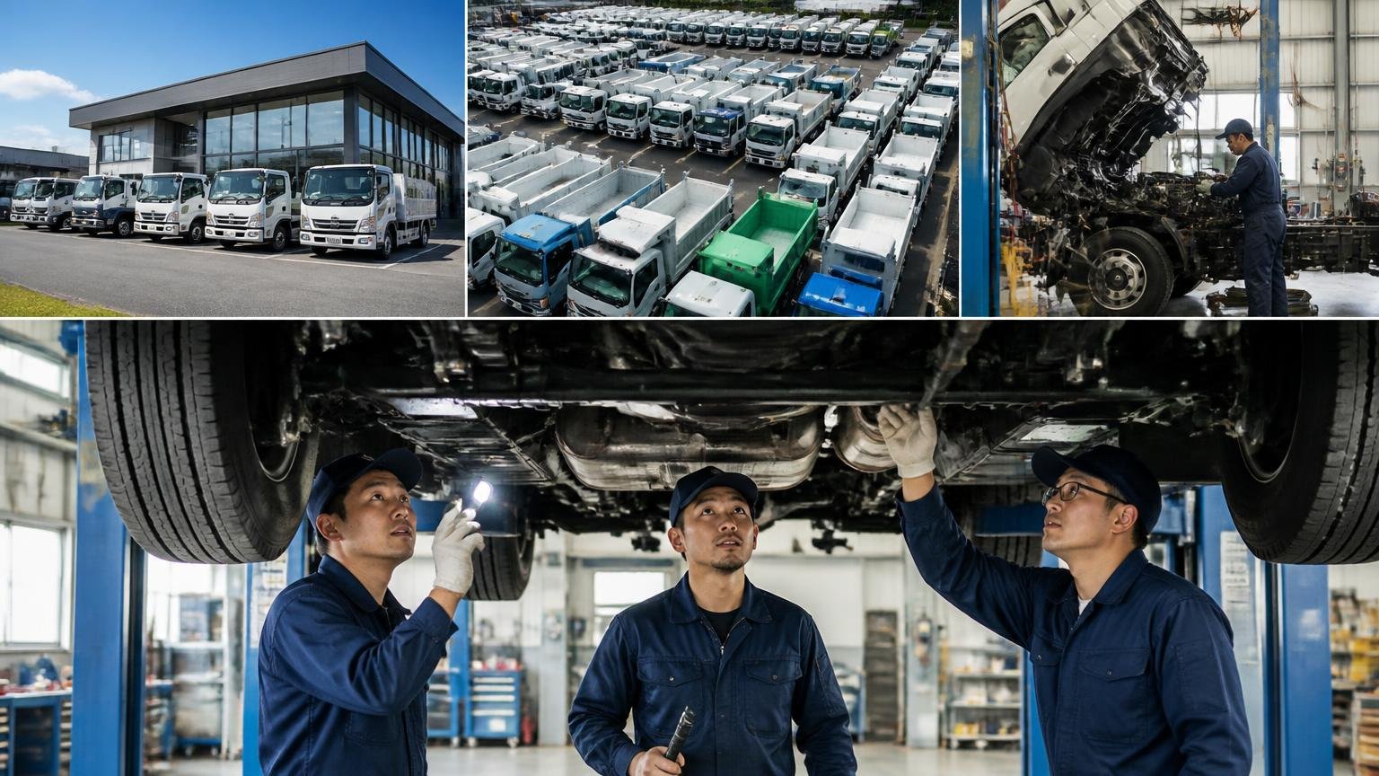 展示場4か所と在庫97〜98台と自社工場での整備と板金。整備工場でトラックの下回りを確認する作業員3人