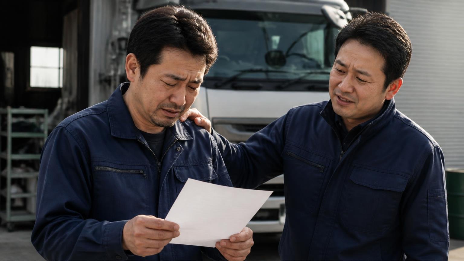 「悪い噂がない」は「高く買ってくれる」の証拠にならない 車庫の前で1枚の見積書を手に肩を落とす中年の男性ドライバーと励ます同僚
