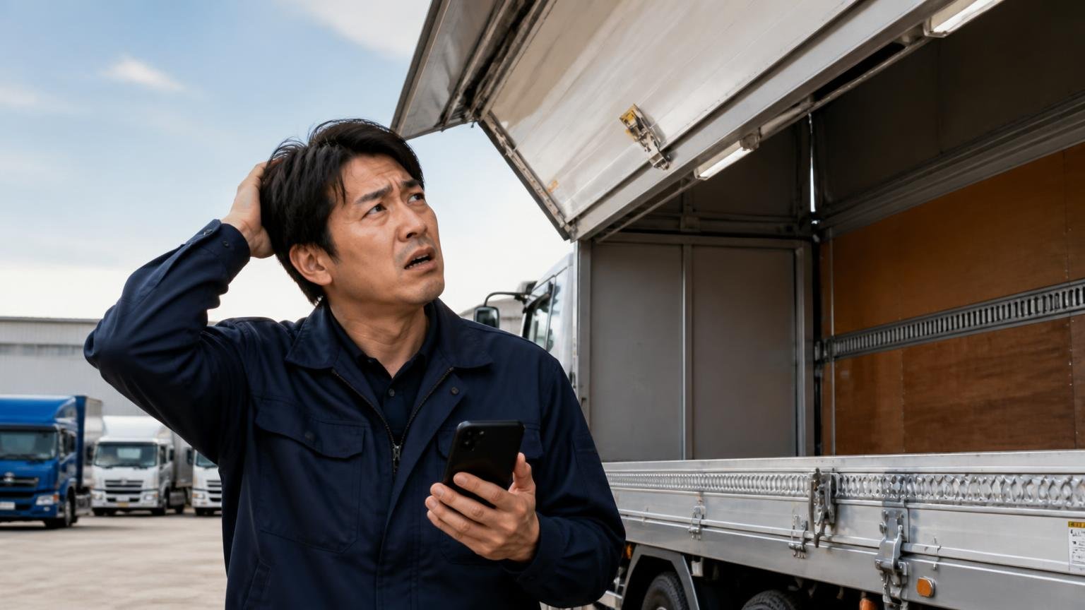 「約束した部品が届かない」納車後の対応への不満(営業所の車庫でウイング車の扉を見上げ、スマホを握りしめて困り顔の男性ドライバー)