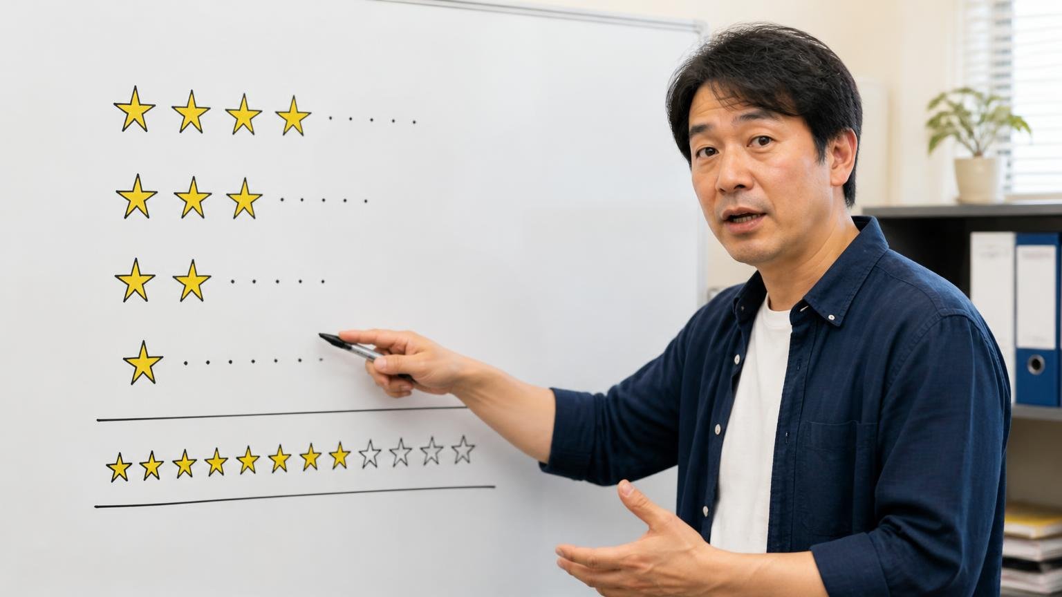★3.7の内訳|★4以上が3分の2、本文付きの★1は1件だけ、事務所のホワイトボードに星の数を書き出して説明する40代男性1人