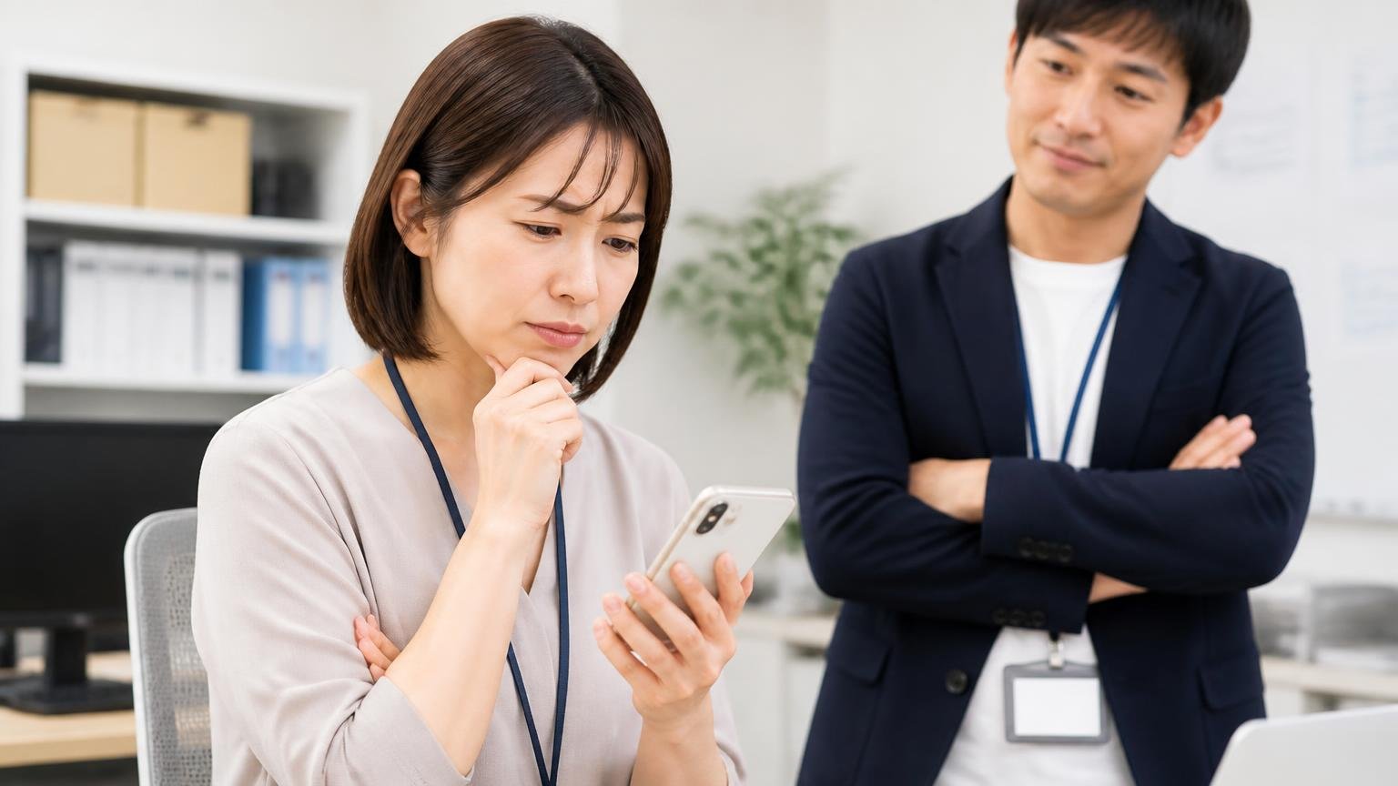 中身の書かれていない★1の口コミをどう読むか(事務所でスマホを手に、腕を組んで考え込む30代女性事務員と見守る男性)