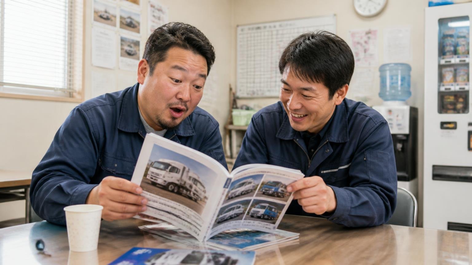 2010年創刊の中古トラック情報誌と、業界紙・商用車ネットワークでの掲載 トラック営業所の休憩室で中古トラック情報誌をめくる作業着姿の2人のドライバー