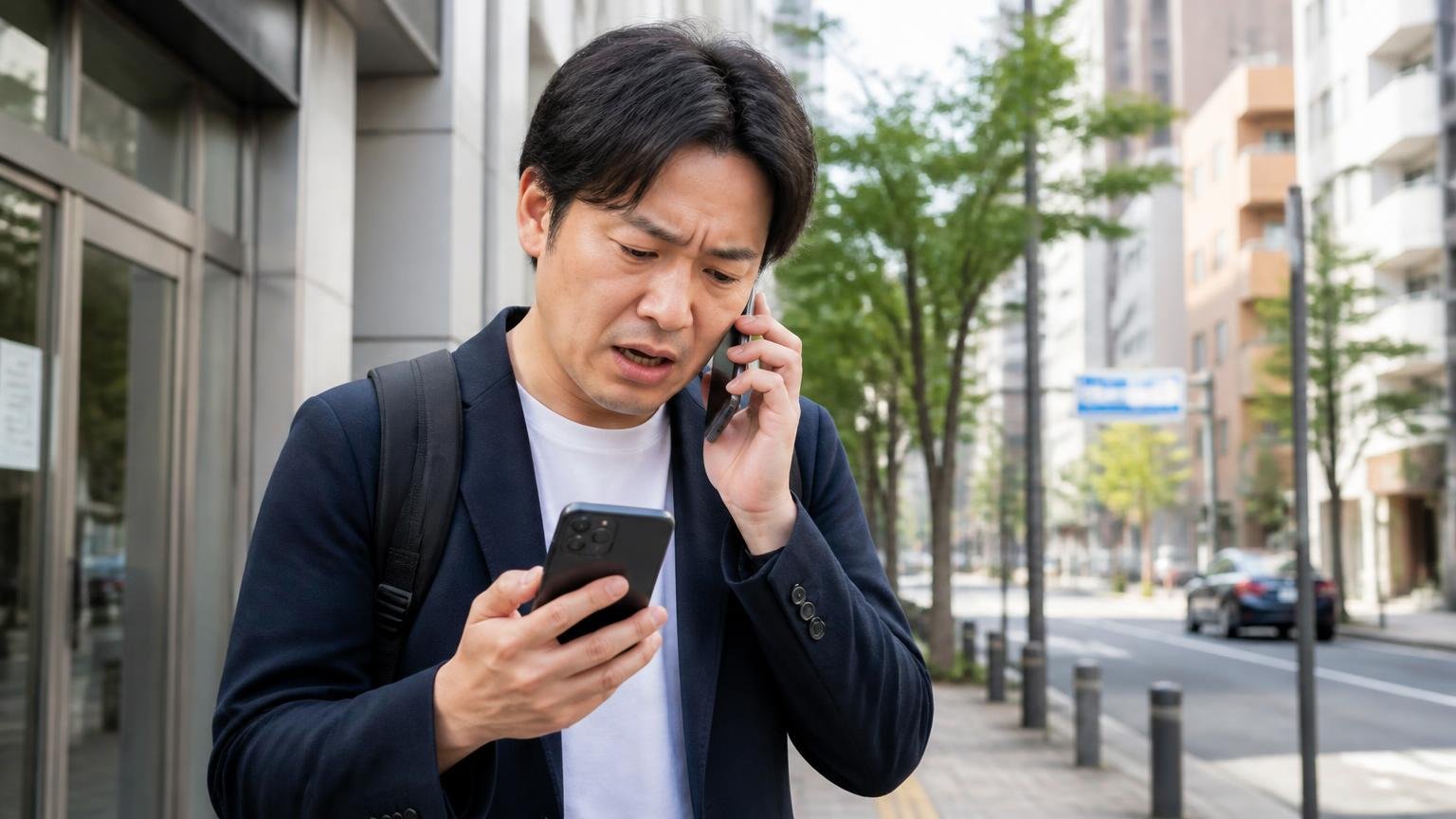 向いていない人｜遠方の人、書類代行や即日現金化の明記を求める人、口コミの数で安心したい人｜遠方の営業所で地図アプリを見ながら困った表情で電話をかける男性1人