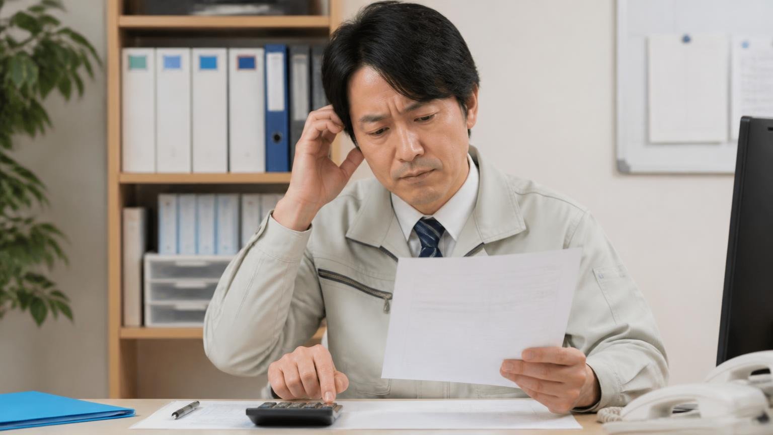 「悪い評判がない」は「高く買ってくれる」の証明にはならない、事務所で見積書を手に首をかしげながら電卓をたたく作業着の男性1人