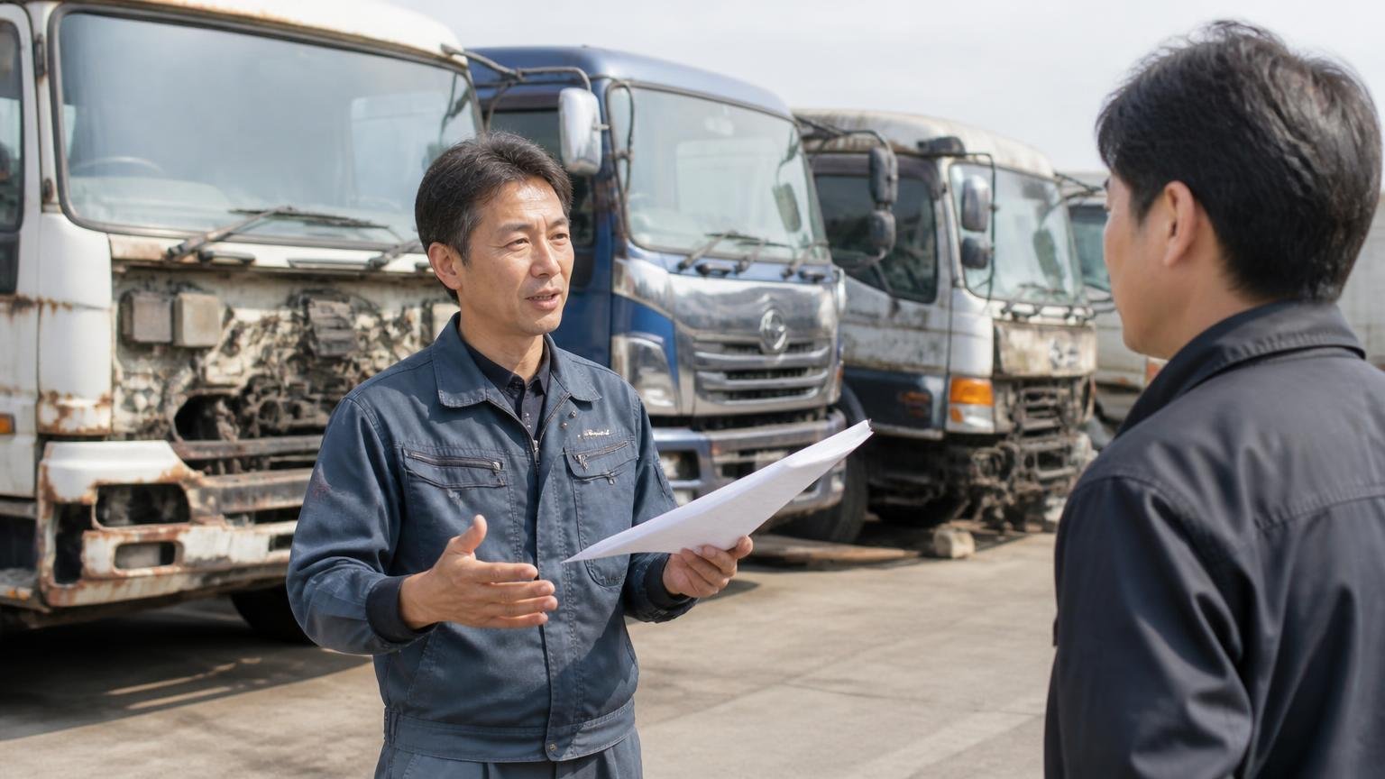 販売から解体・廃車まで自社で扱っている。ヤードに並ぶ古いトラックの前で作業着の男性が書類を手に説明する場面