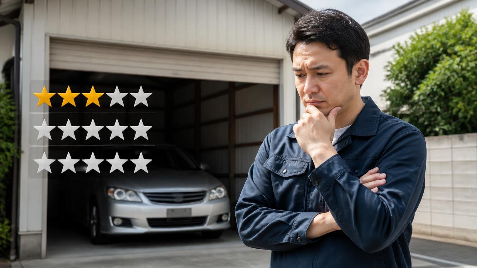 悪い評判は★3が1件で★1と★2は0件。車庫の前で腕を組んだ男性1人が真剣な表情で考え込む