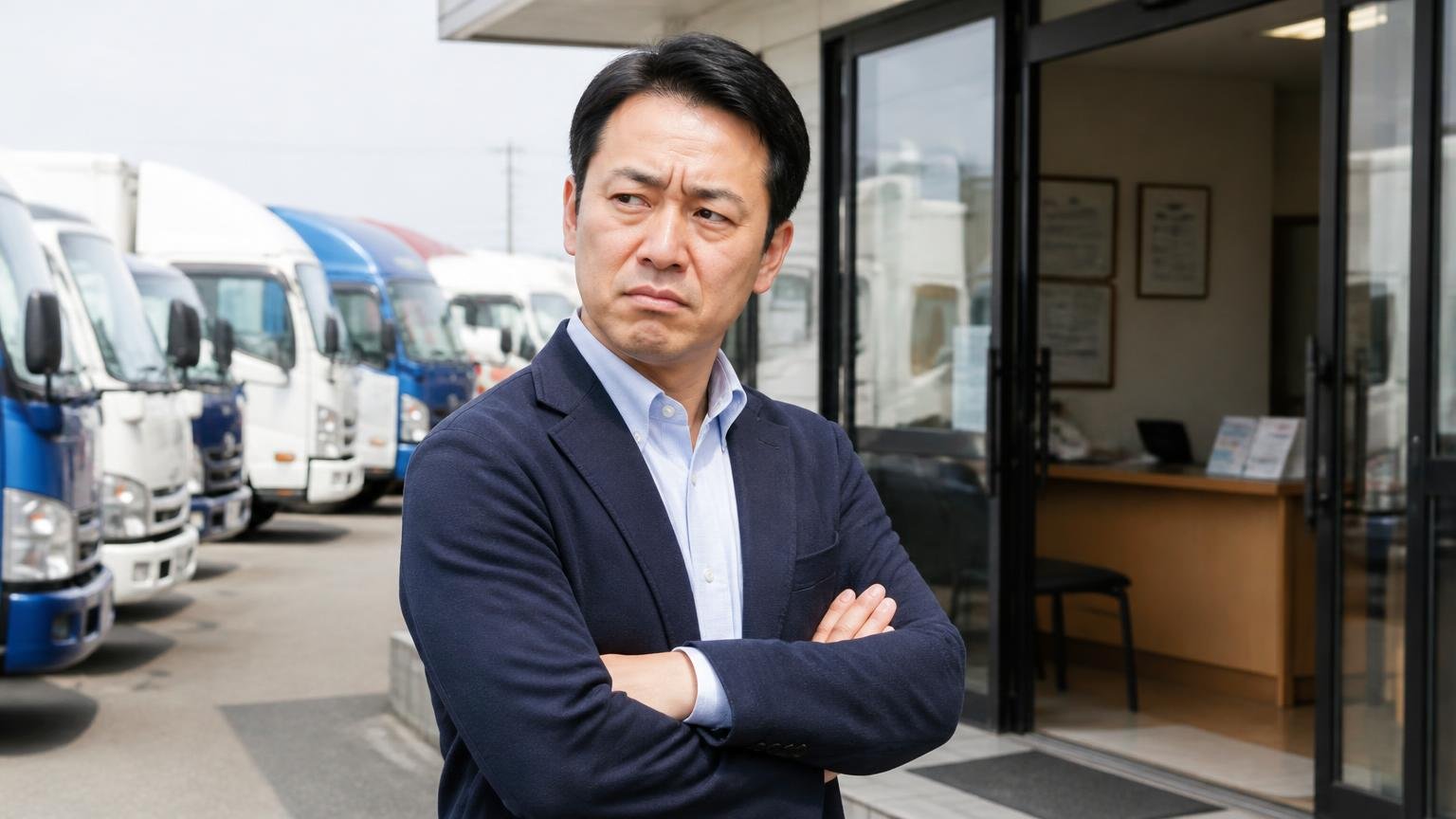 接客対応への不満を感じた場面を中古トラック展示場の事務所前で腕を組み渋い表情を見せる取引先の男性1人で表現