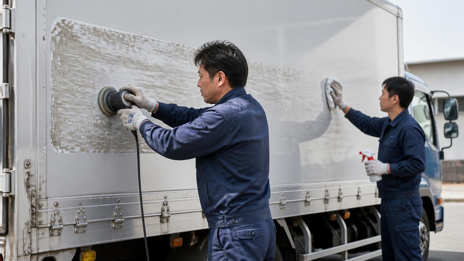 減車申請・名義変更(抹消)・ロゴ消去まで、任せられる範囲、営業所の車庫で4tウイングの社名ロゴを消す作業をする作業着の男性2人