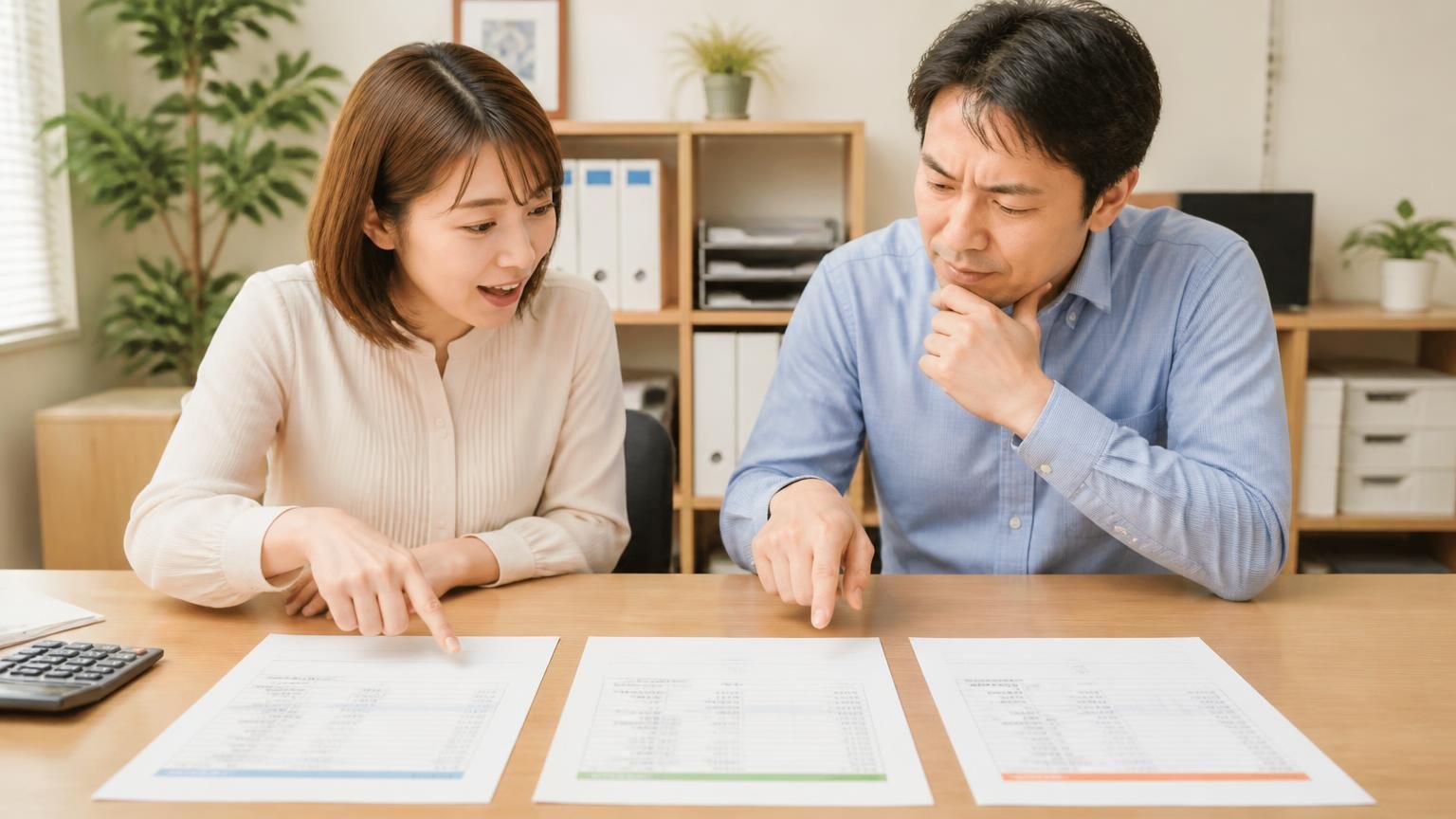 口コミが少ない業者ほど比べる相手が必要になる、事務所の机に3社の見積書を並べて指さす30代女性と40代男性の2人、納得