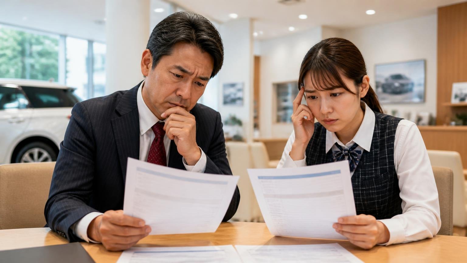 ディーラー下取り・一括査定との使い分け、ディーラーの商談席で下取り額と買取業者の見積書を見比べる社長と事務員の2人、悩む