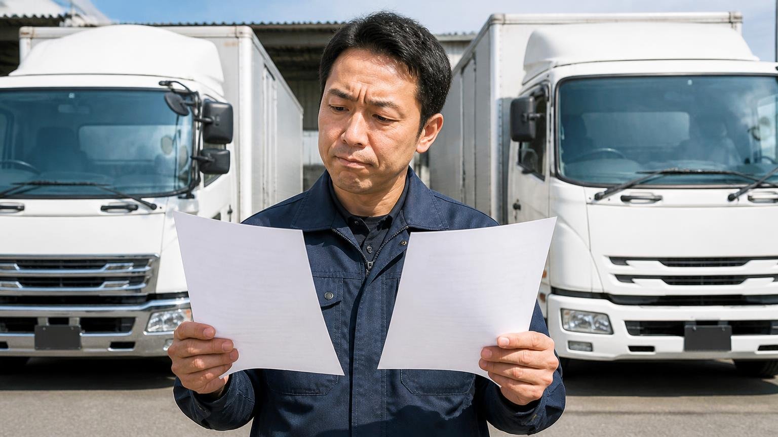 「評判の良い業者＝自分のトラックを高く買う業者」ではない。営業所の車庫に並んだ2台の4tトラックの前で見積書を2枚見比べる運送会社の男性1人