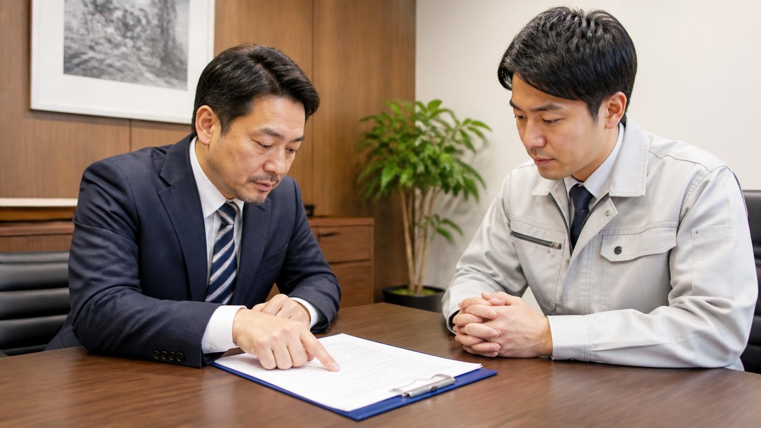 キャンセル料と強引な勧誘は書面確認で防ぐ、事務所の応接テーブルで契約書のキャンセル条項を指で確認する経営者の男性1人と査定士の男性1人
