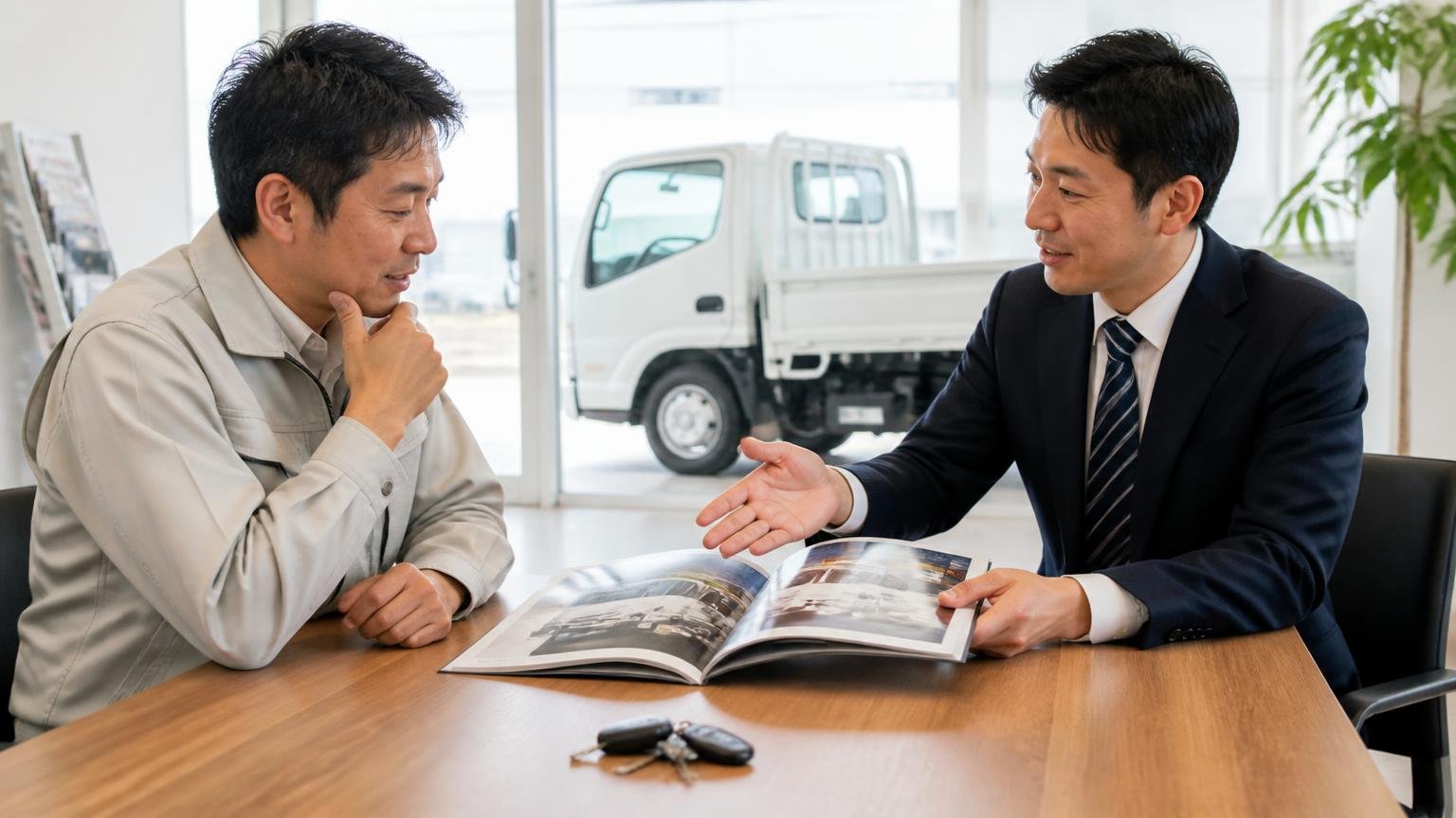 ディーラー下取りや一括査定サイトが合理的なケースもある。ディーラーの商談席で新車のカタログとトラックの鍵を前に相談する男性2人