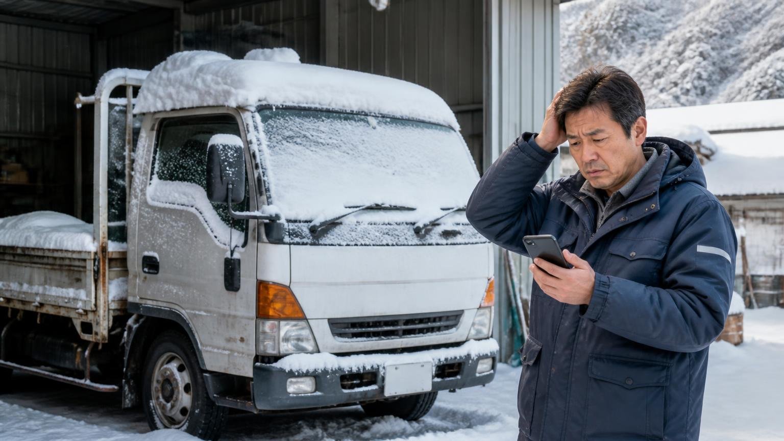 冬に動かなくなったトラックも、すぐ廃車にしない 雪をかぶった車庫で動かない2tトラックの前に立つ中年男性1人 困り顔でスマホを見る